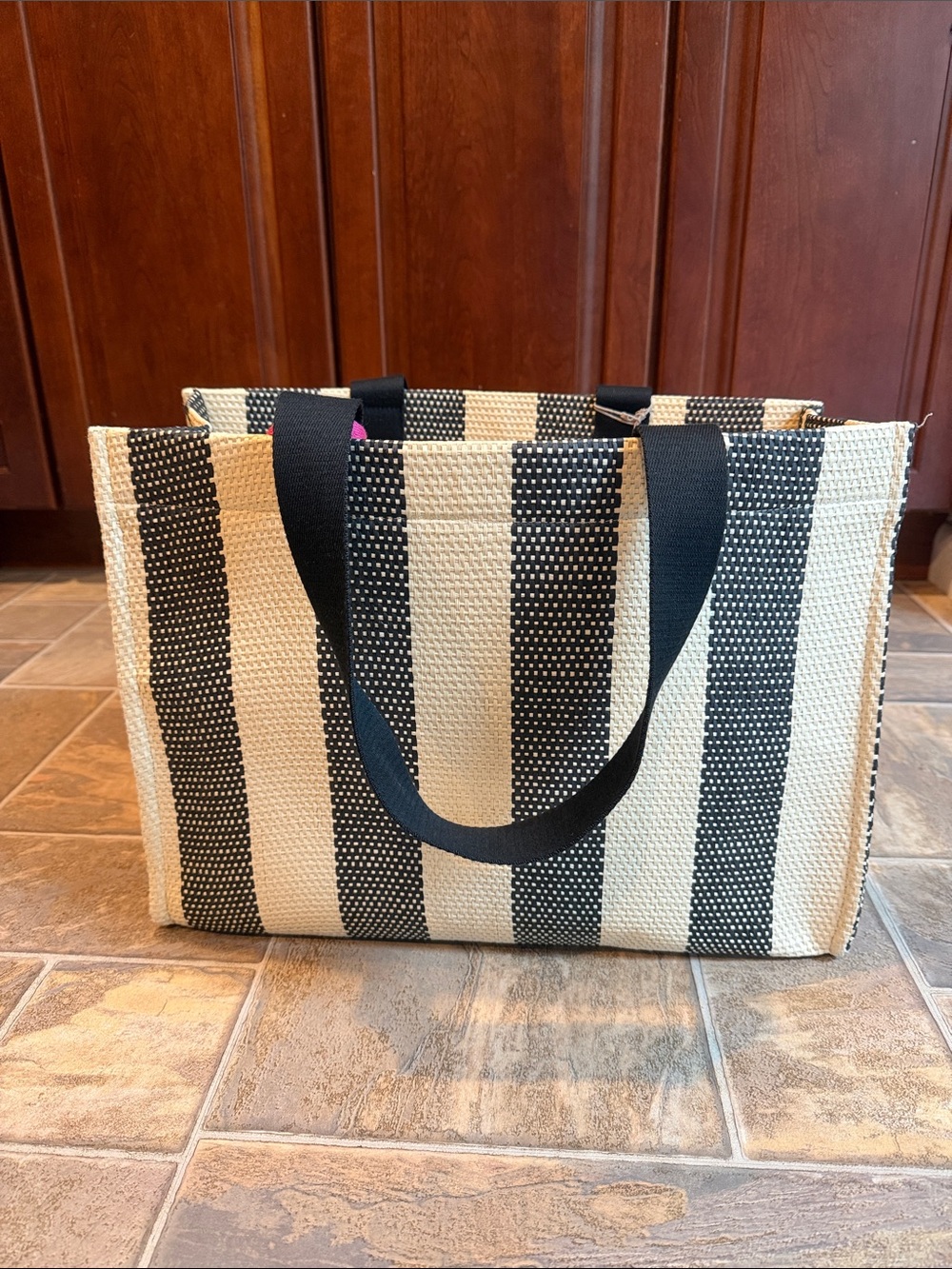 Target: A New Day - Black & Cream Striped Tote with attached zippered pouch